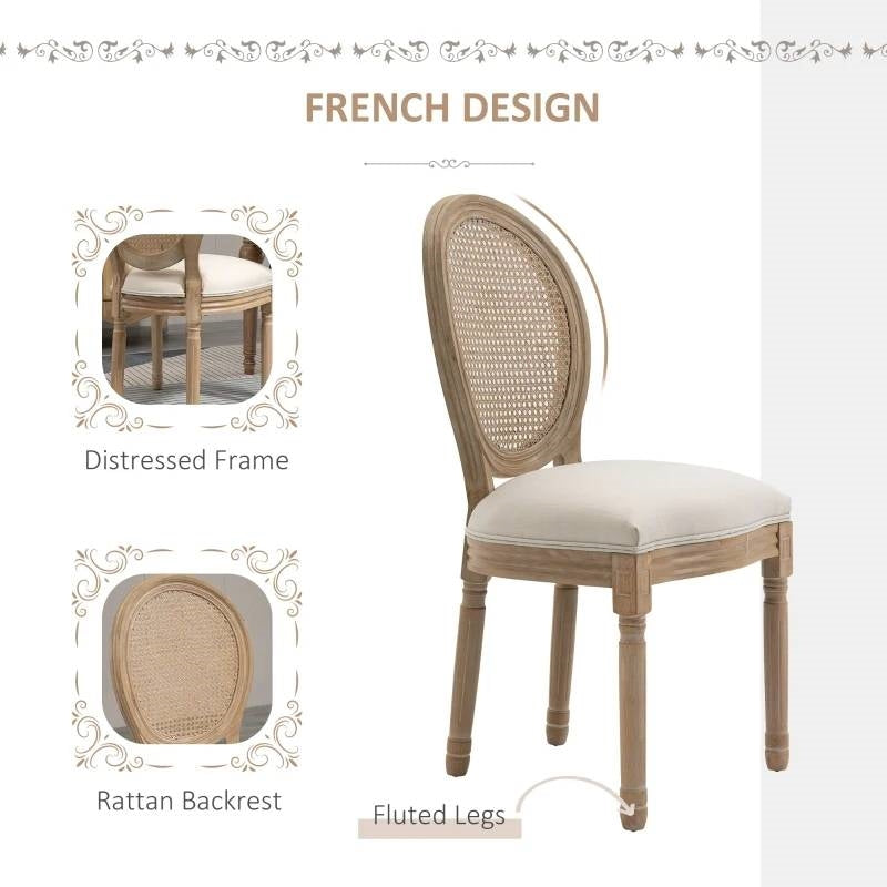 Set of 2 Vintage Upholstered Armless Rattan Back Dining Chairs Beige White