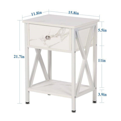 Juego de 2 - Mesa de noche rústica estilo casa de campo con 1 cajón en color blanco