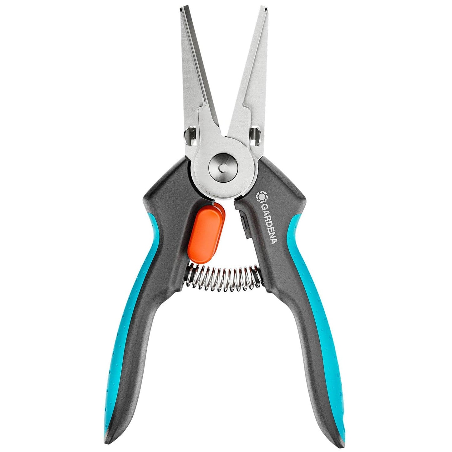 GripCut Scissors Gardena, teal ergonomic handles with orange lock, tool on Tampa Home & Garden Store