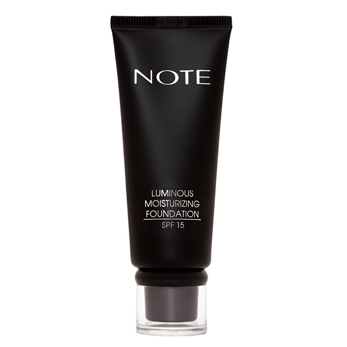 Note Luminous Moisturizing Foundation tube, black matte packaging with white logo, SPF 15 on Tampa Home & Garden Store