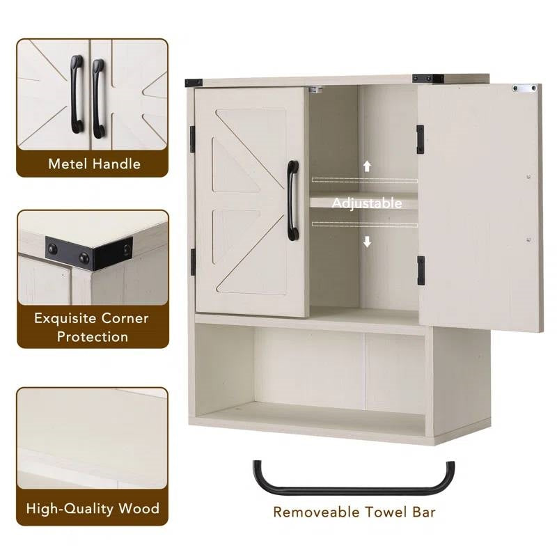 Mueble de pared de baño blanco tipo granja con estante de almacenamiento y toallero