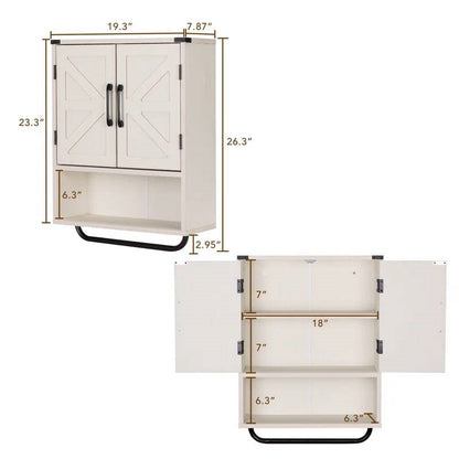 Mueble de pared de baño blanco tipo granja con estante de almacenamiento y toallero
