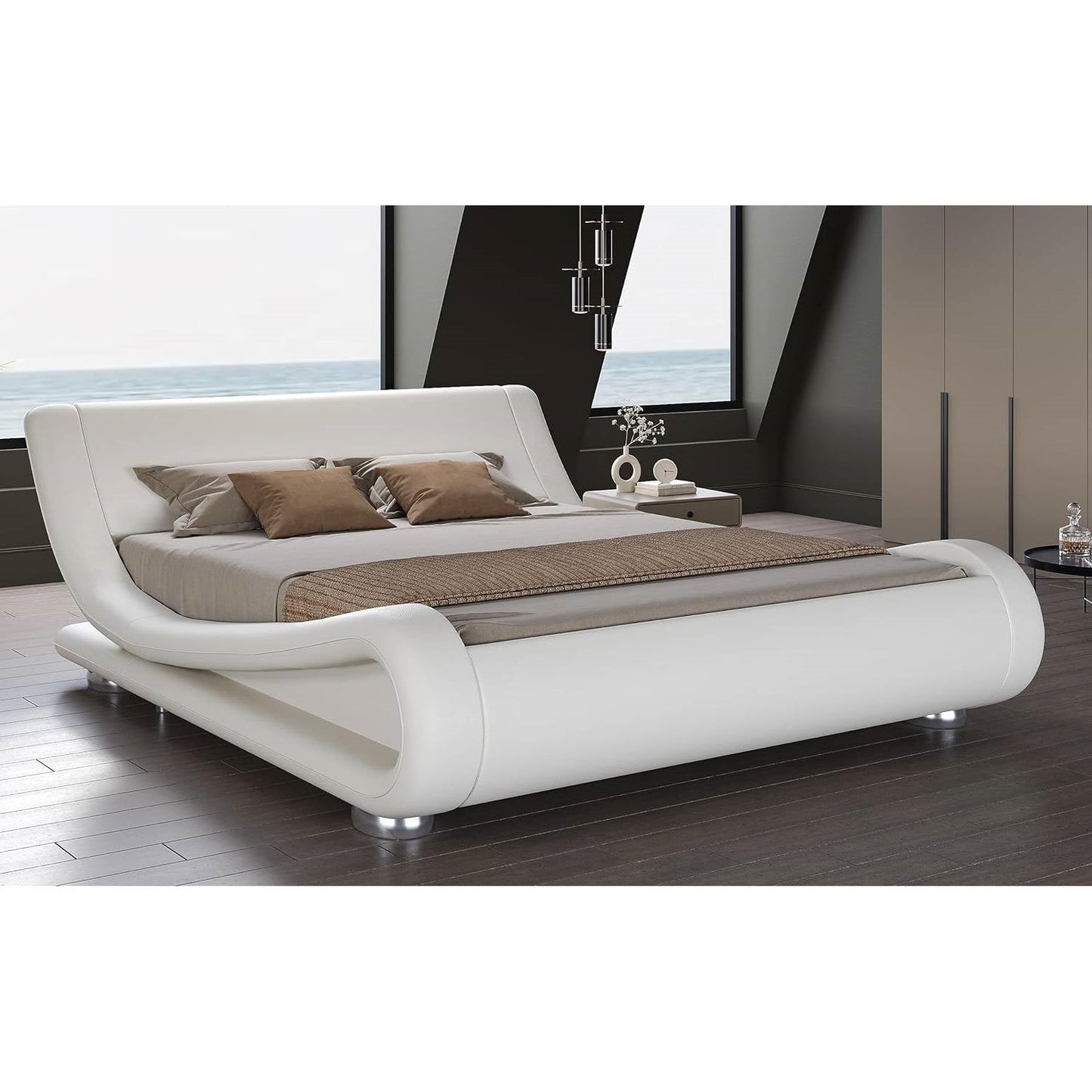 Base de cama tipo plataforma tapizada blanca moderna tamaño King con cabecero curvado tipo trineo