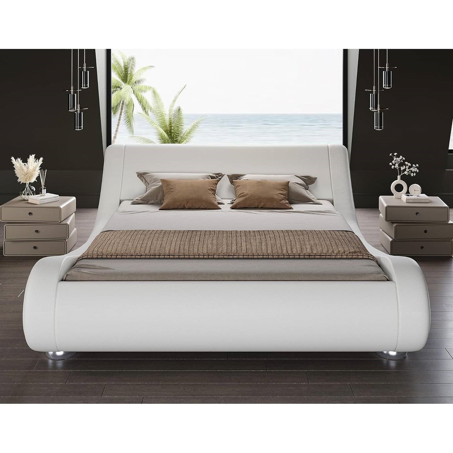 Base de cama tipo plataforma tapizada blanca moderna tamaño King con cabecero curvado tipo trineo