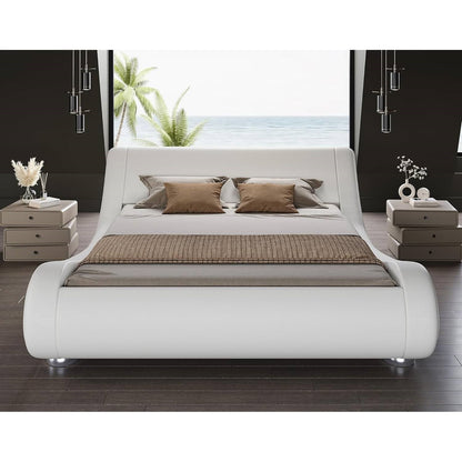 Base de cama tipo plataforma tapizada blanca moderna tamaño King con cabecero curvado tipo trineo