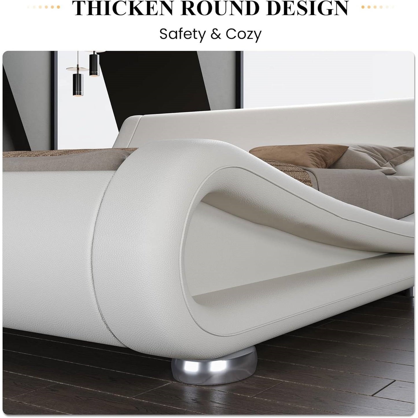 Base de cama tipo plataforma tapizada blanca moderna tamaño King con cabecero curvado tipo trineo