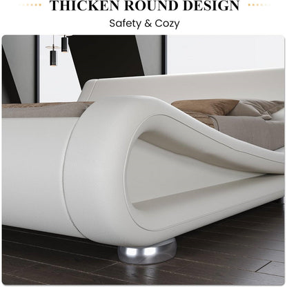 Base de cama tipo plataforma tapizada blanca moderna tamaño King con cabecero curvado tipo trineo