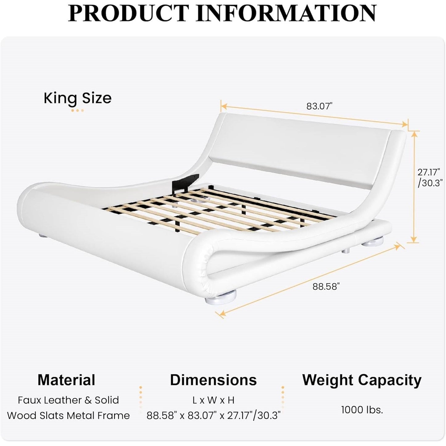 Base de cama tipo plataforma tapizada blanca moderna tamaño King con cabecero curvado tipo trineo