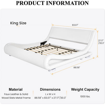 Base de cama tipo plataforma tapizada blanca moderna tamaño King con cabecero curvado tipo trineo
