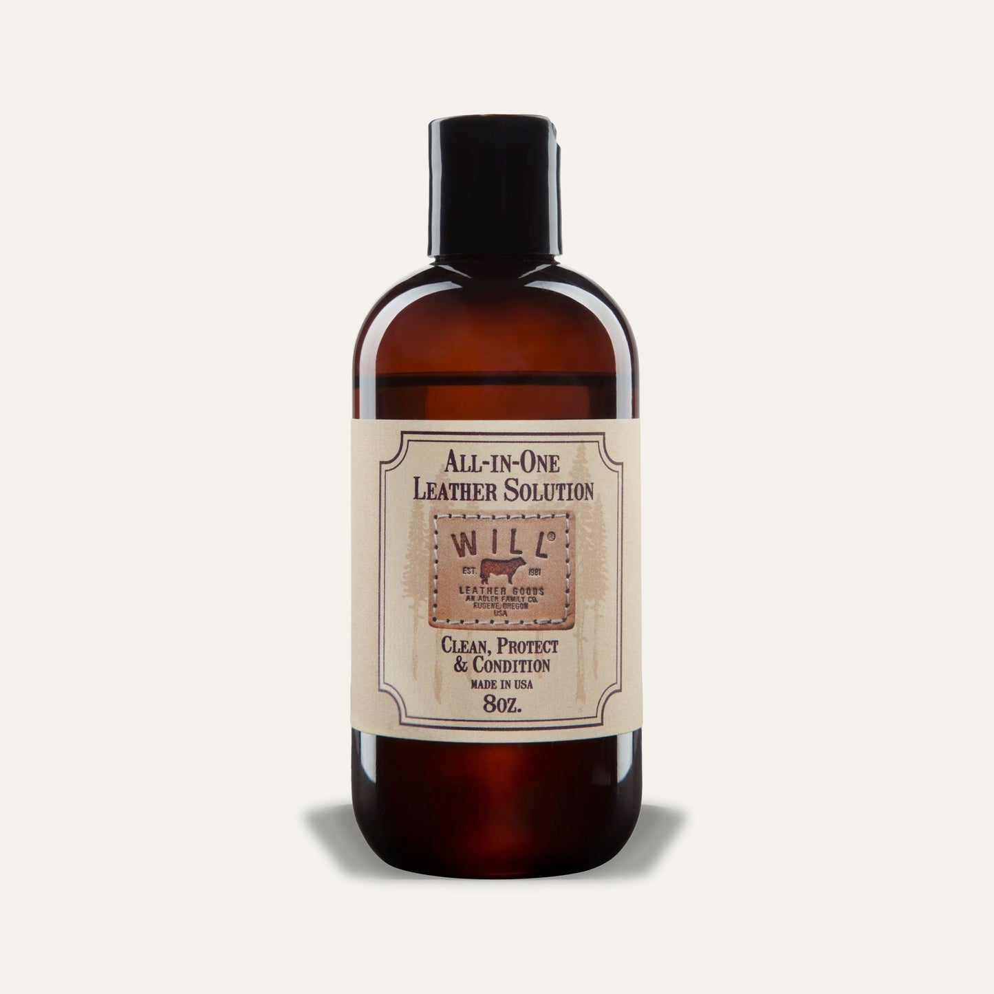 All-In-One Leather Solution by Will Leather Goods in amber bottle with black cap label on Tampa Home & Garden Store