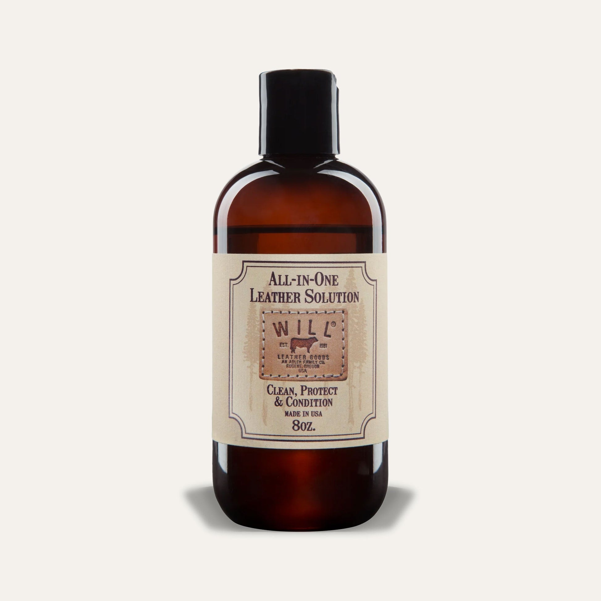 All-In-One Leather Solution by Will Leather Goods in amber bottle with black cap label on Tampa Home & Garden Store