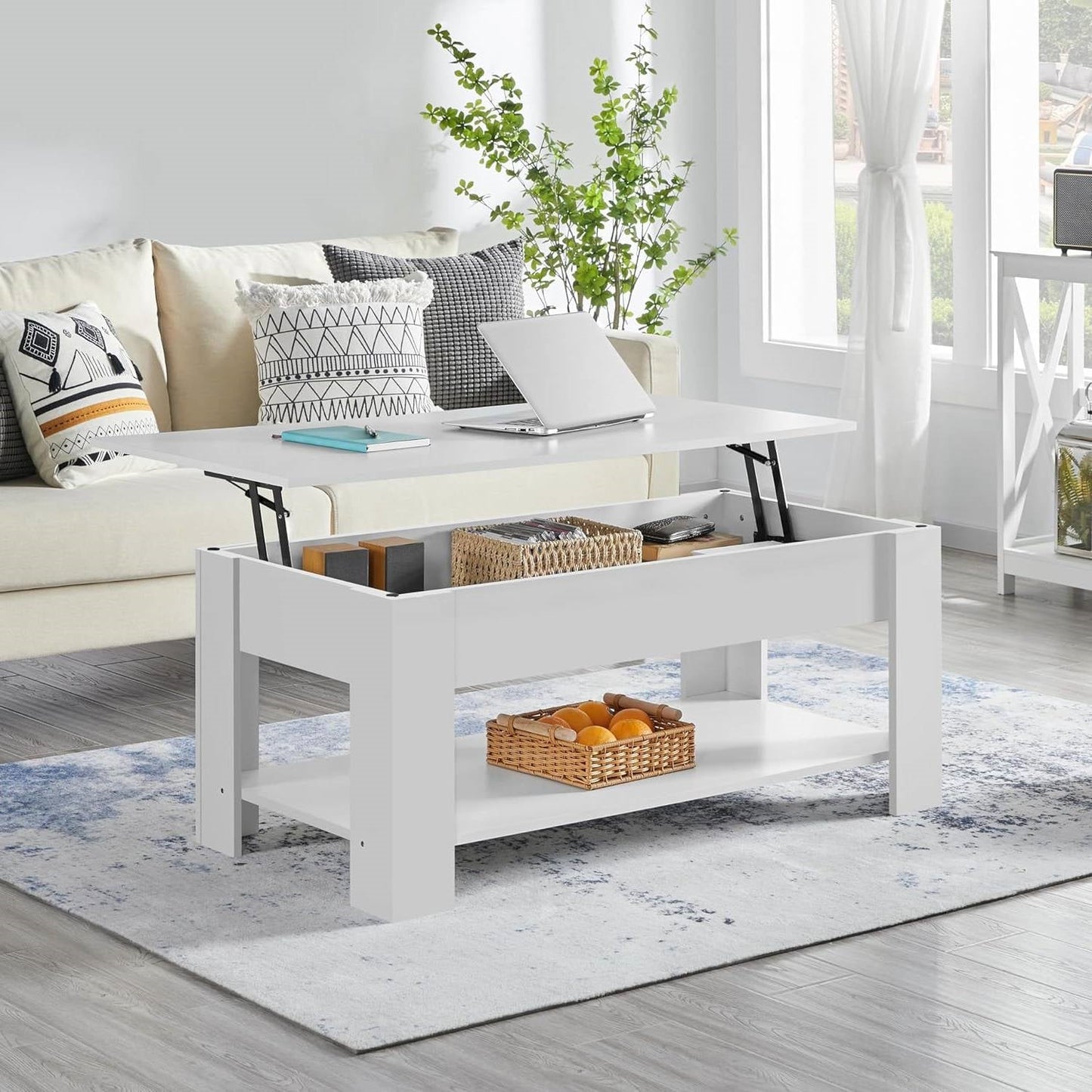 Mesa de centro elevable, escritorio para portátil, bandeja de TV con acabado de madera blanca