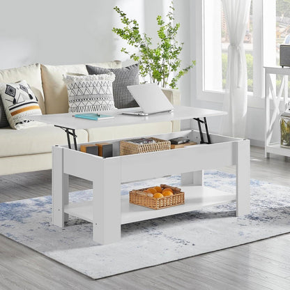 Mesa de centro elevable, escritorio para portátil, bandeja de TV con acabado de madera blanca