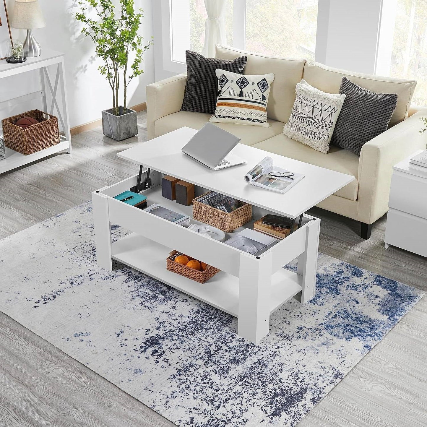Mesa de centro elevable, escritorio para portátil, bandeja de TV con acabado de madera blanca