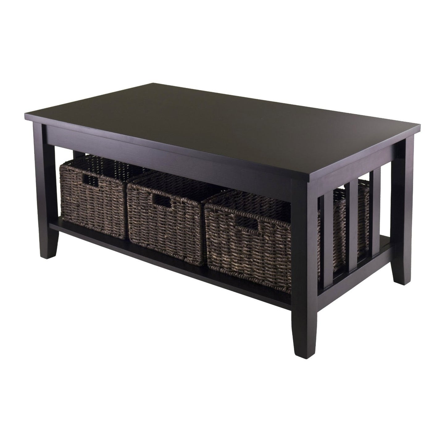 Mesa de centro de madera oscura estilo misión con 3 cestas de almacenamiento plegables