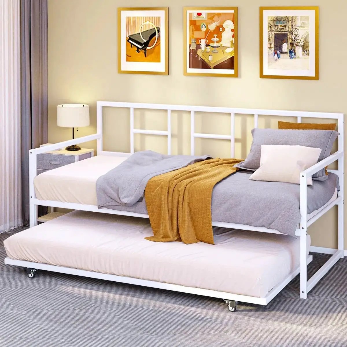 Twin White Metal Daybed Frame Roll Out Trundle