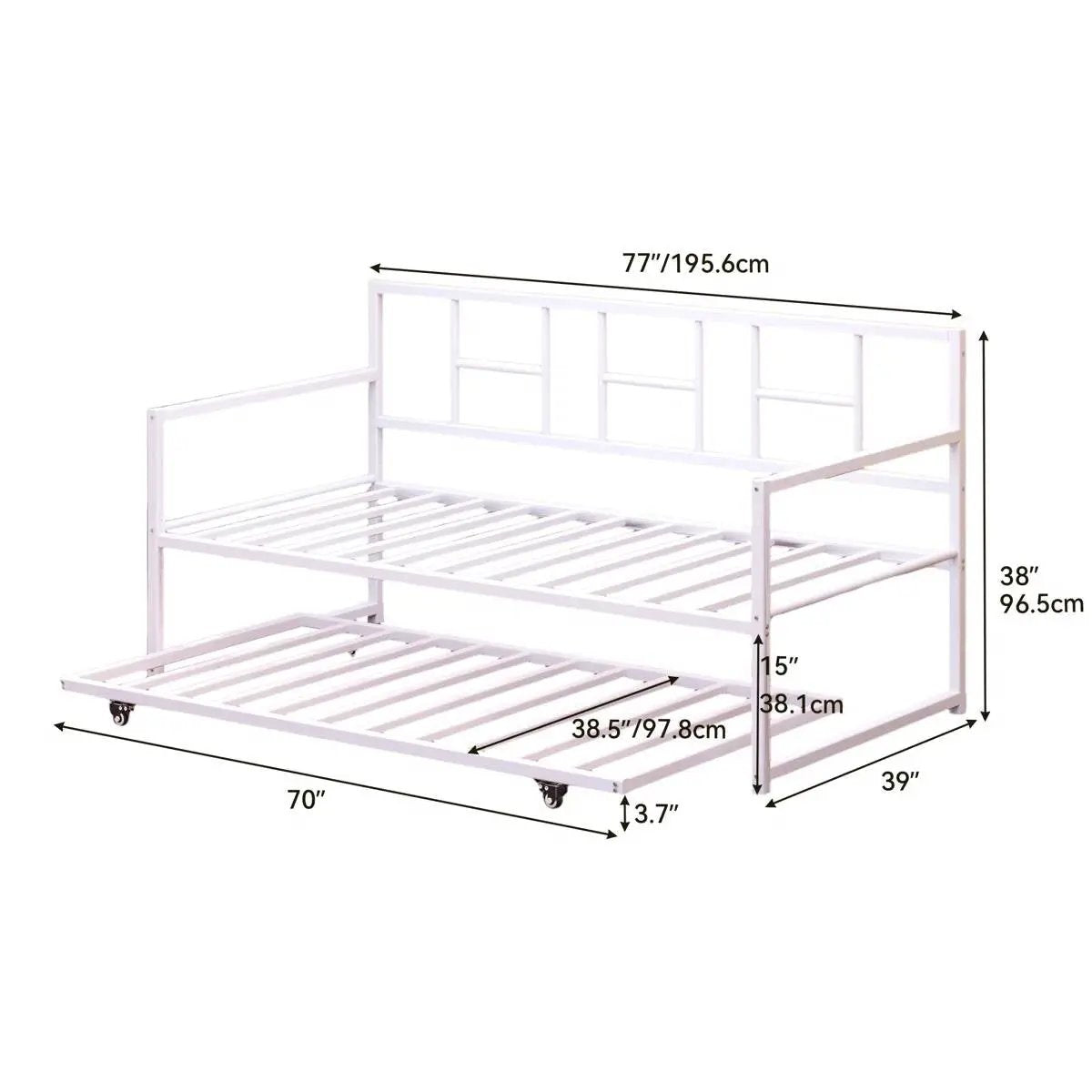 Twin White Metal Daybed Frame Roll Out Trundle