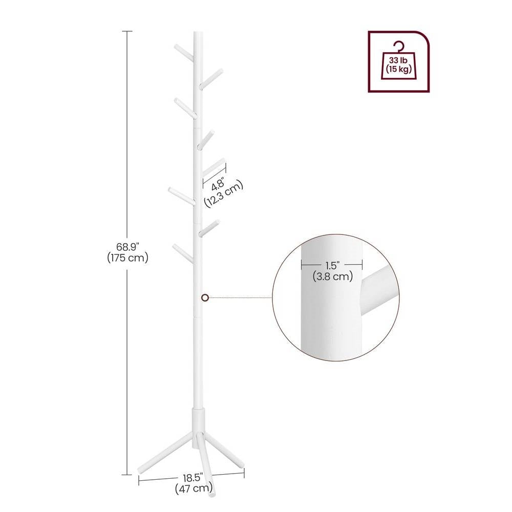 Sturdy solid wood coat rack in white with 8 hooks, 68.9in tripod base by HomePacific on Tampa Home & Garden Store