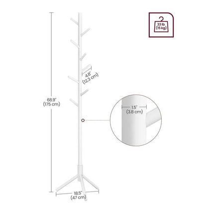 Sturdy solid wood coat rack in white with 8 hooks, 68.9in tripod base by HomePacific on Tampa Home & Garden Store