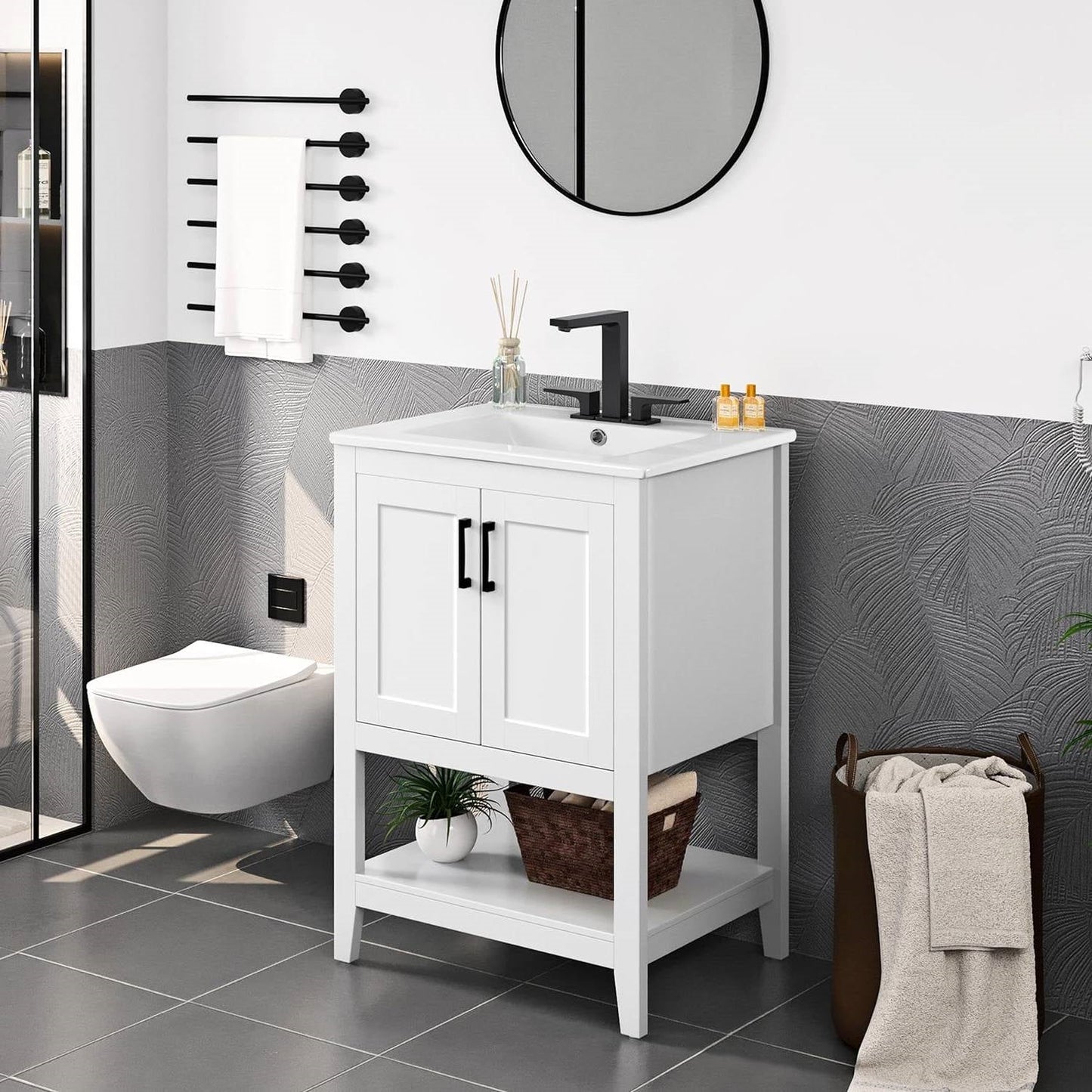 Mueble de baño moderno de madera blanca con lavabo de cerámica blanca