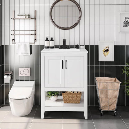 Mueble de baño moderno de madera blanca con lavabo de cerámica blanca