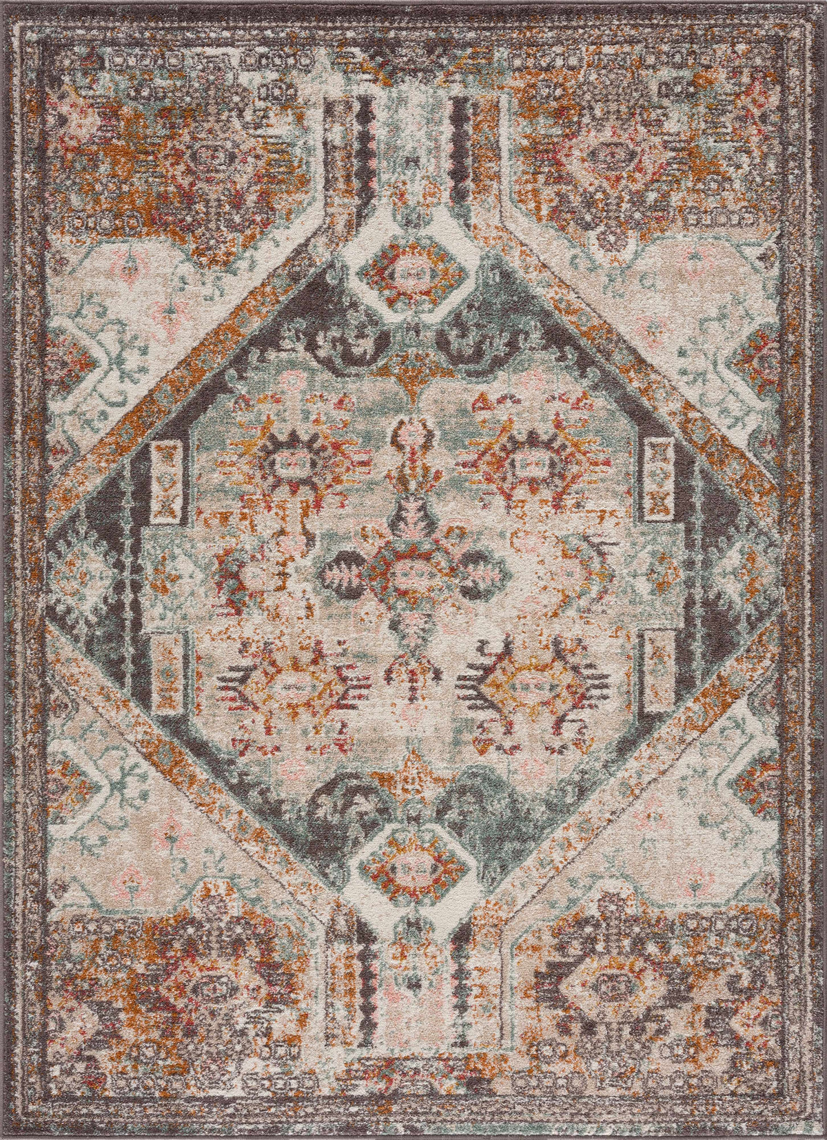 Woorabinda Area Rug distressed in cream field with teal and rust accents, oriental motif Boutique Rugs on Tampa Home & Garden Store