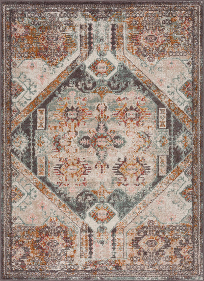 Woorabinda Area Rug distressed in cream field with teal and rust accents, oriental motif Boutique Rugs on Tampa Home & Garden Store