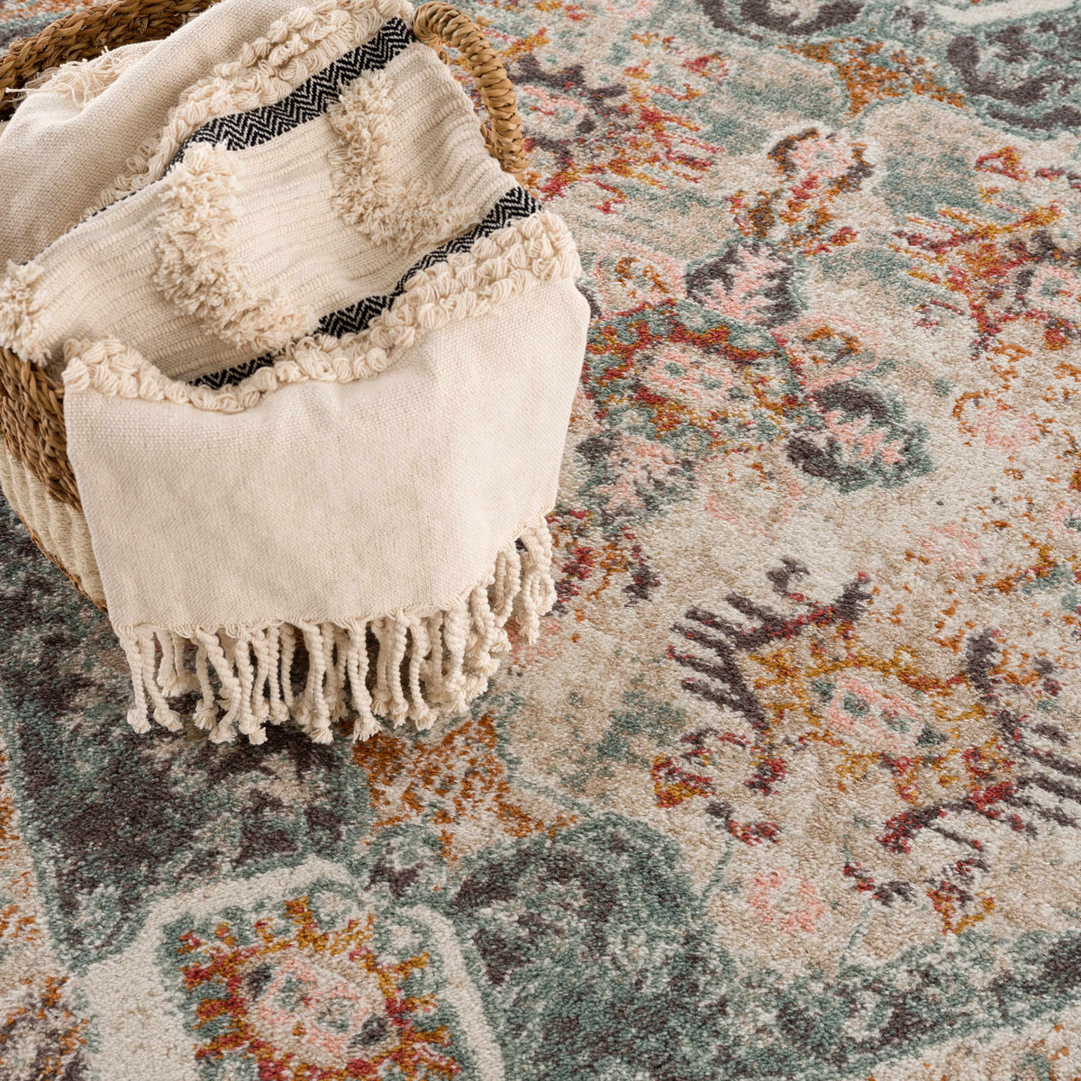 Woorabinda Area Rug by Boutique Rugs, abstract multicolor teal, coral and beige with fringe on Tampa Home & Garden Store