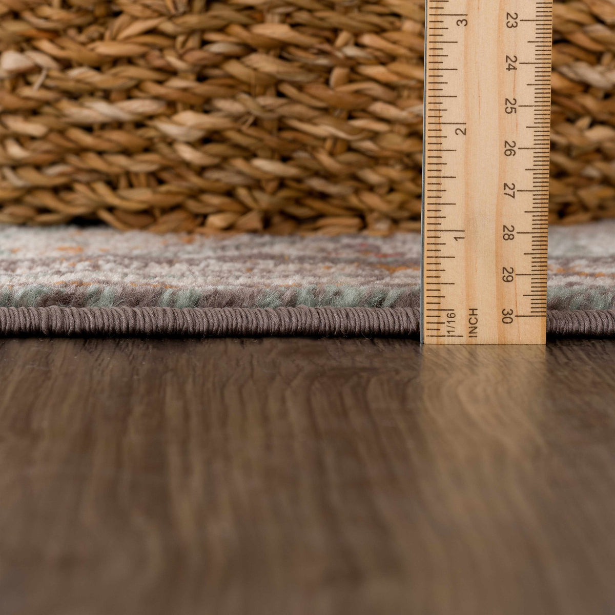Woorabinda Area Rug beige braided texture with wooden ruler for scale Boutique Rugs clearance on Tampa Home & Garden Store