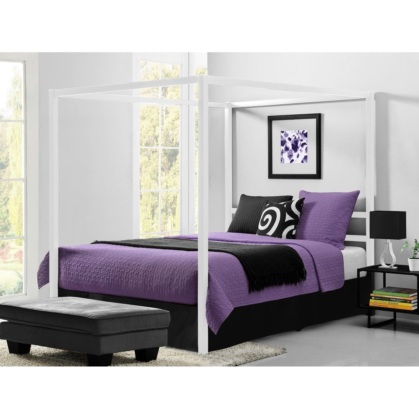 Cama moderna con dosel de metal blanco tamaño Queen - No necesita somier