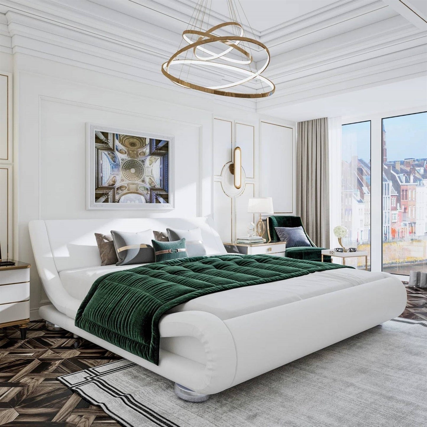 Base de cama tapizada Queen moderna blanca con cabecera curva estilo trineo