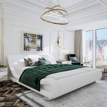 Base de cama tapizada Queen moderna blanca con cabecera curva estilo trineo