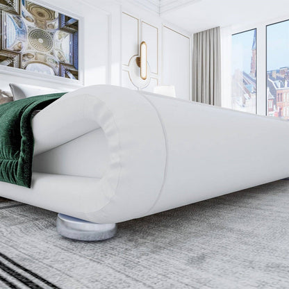 Base de cama tapizada Queen moderna blanca con cabecera curva estilo trineo