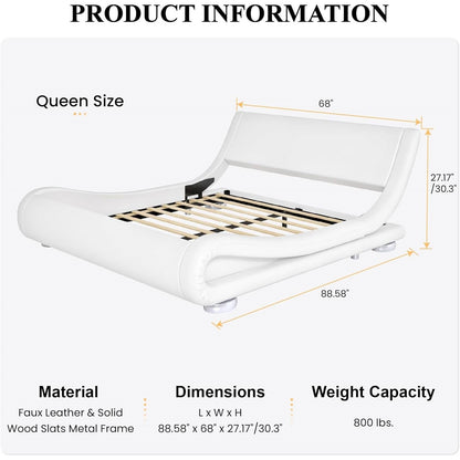 Base de cama tapizada Queen moderna blanca con cabecera curva estilo trineo