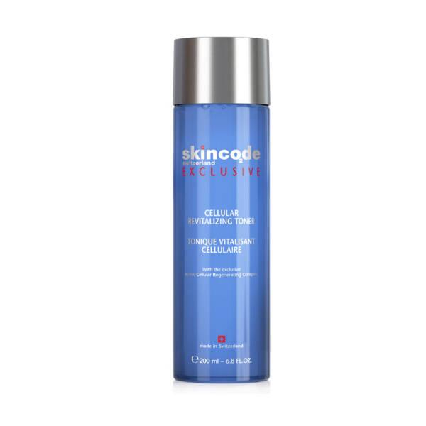 Skincode Cellular Revitalizing Toner bottle, blue 200 ml with silver cap and exclusive label on Tampa Home & Garden Store