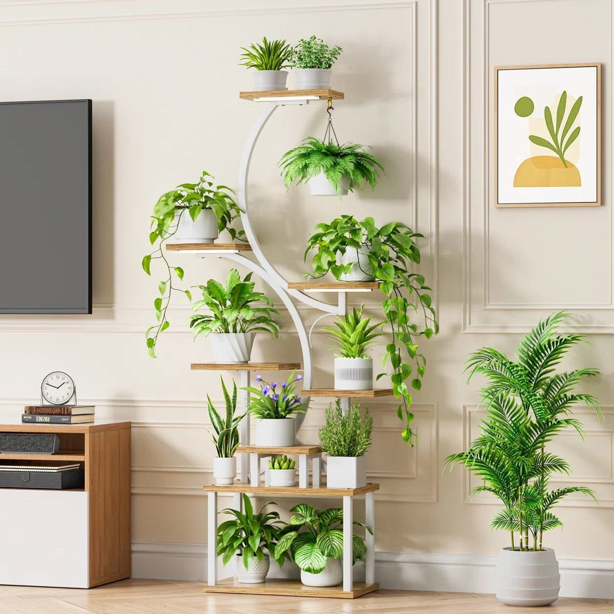 Indoor Plant Stand with Wood and Metal Shelves