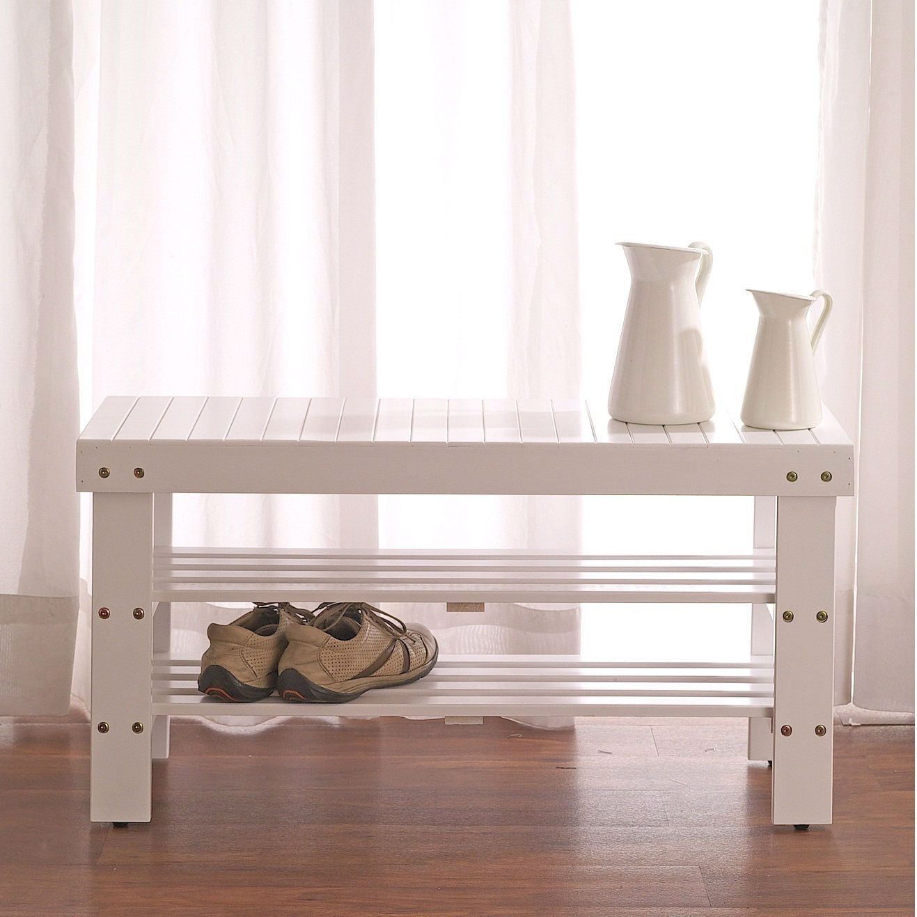 Zapatero de banco de madera maciza para entrada en blanco