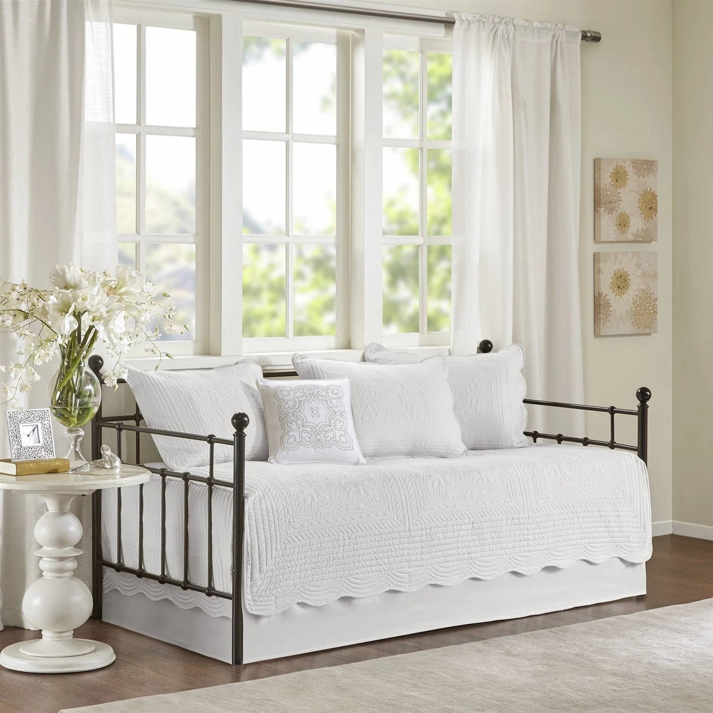 Juego de ropa de cama de 6 piezas para sofá cama, blanco rústico, con bordes festoneados