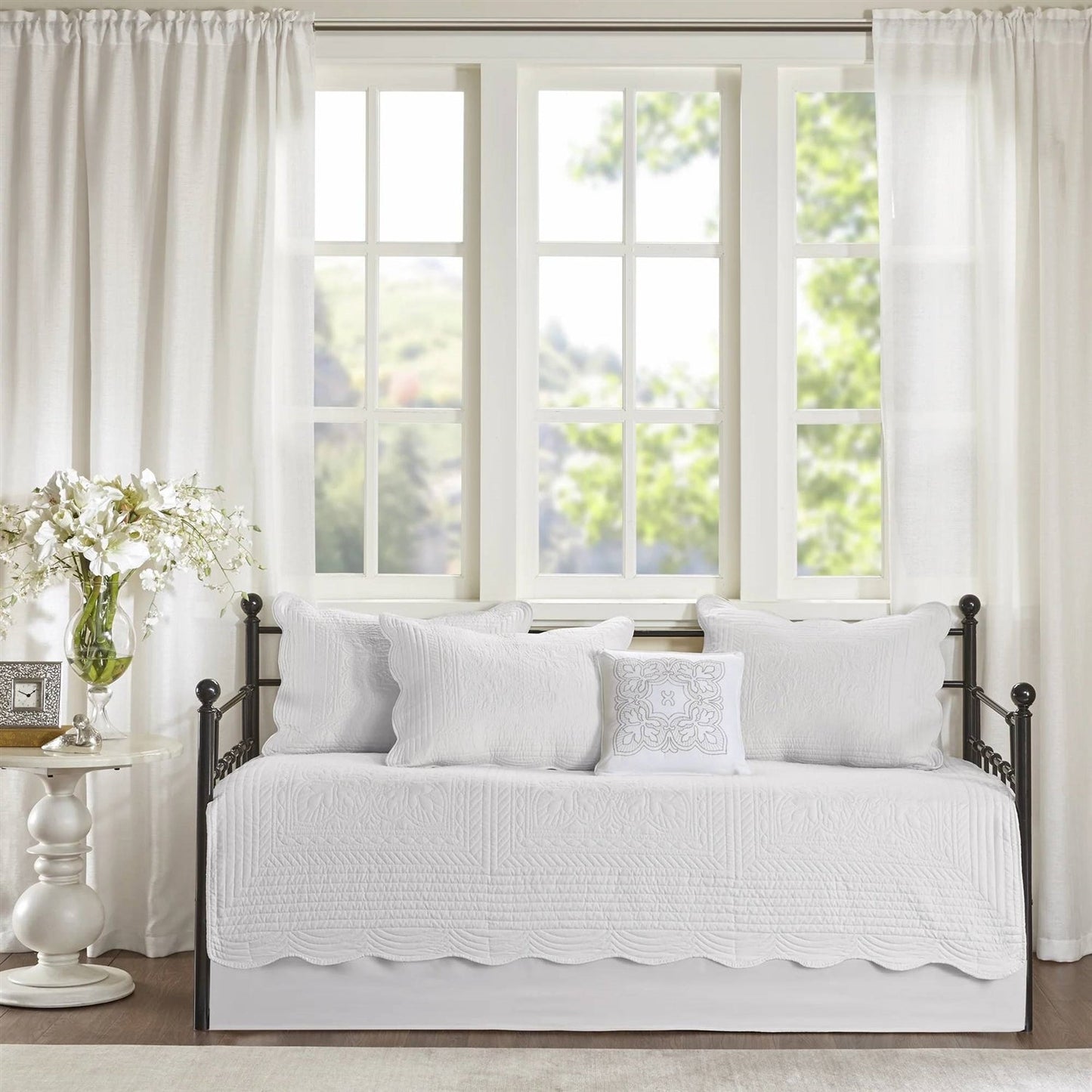 Juego de ropa de cama de 6 piezas para sofá cama, blanco rústico, con bordes festoneados