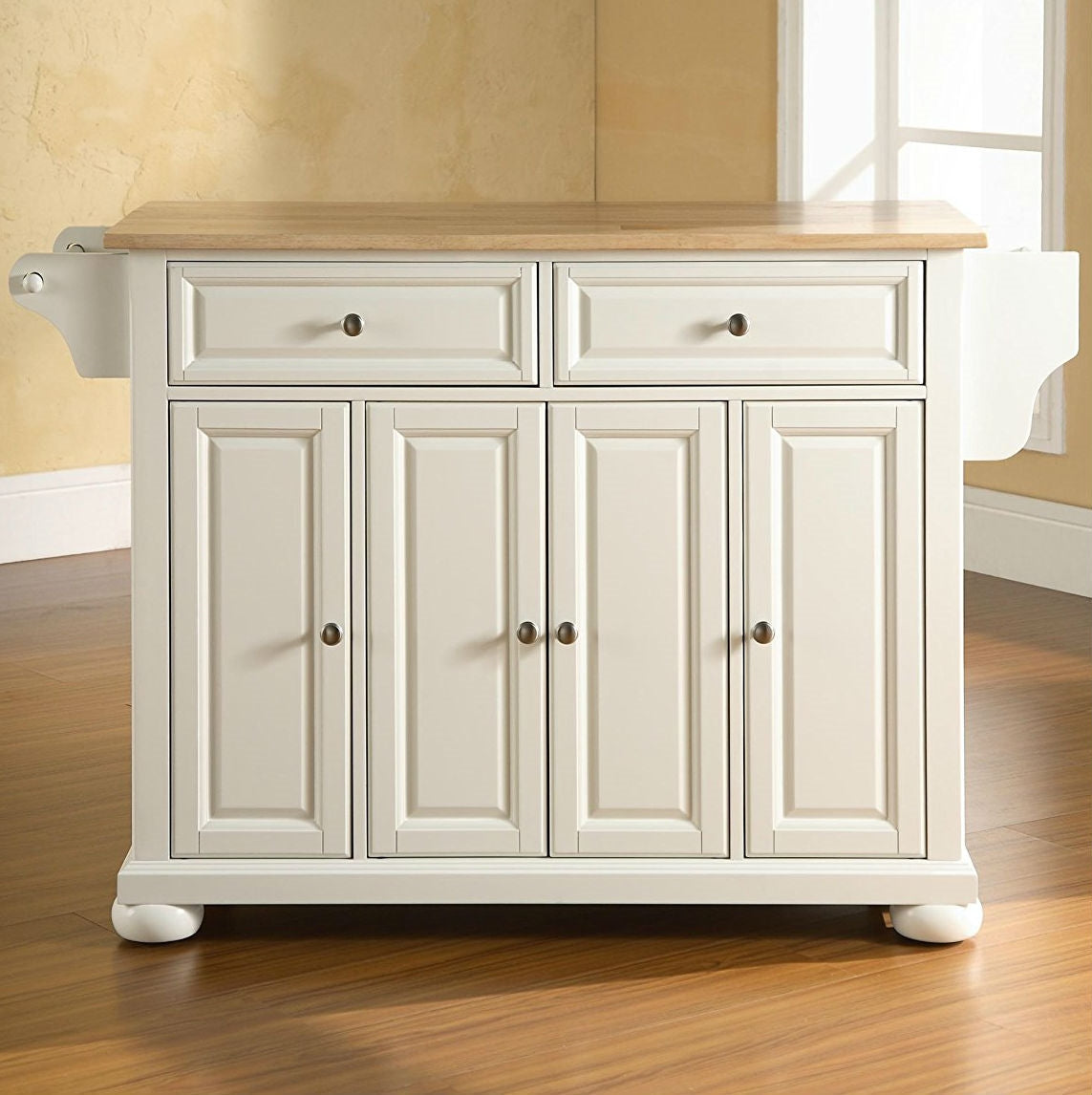 Mueble de almacenamiento blanco para isla de cocina con encimera de madera maciza