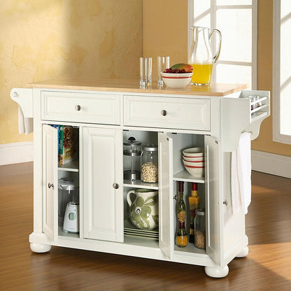 Mueble de almacenamiento blanco para isla de cocina con encimera de madera maciza