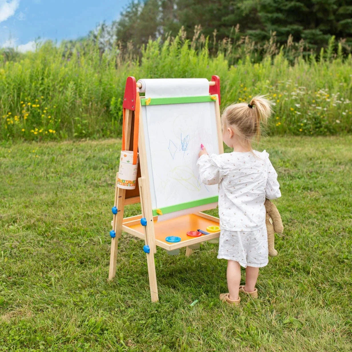 Tiny Land 3-in-1 Art Easel for Kids wooden easel with red brackets, green clip, orange tray on Tampa Home & Garden Store