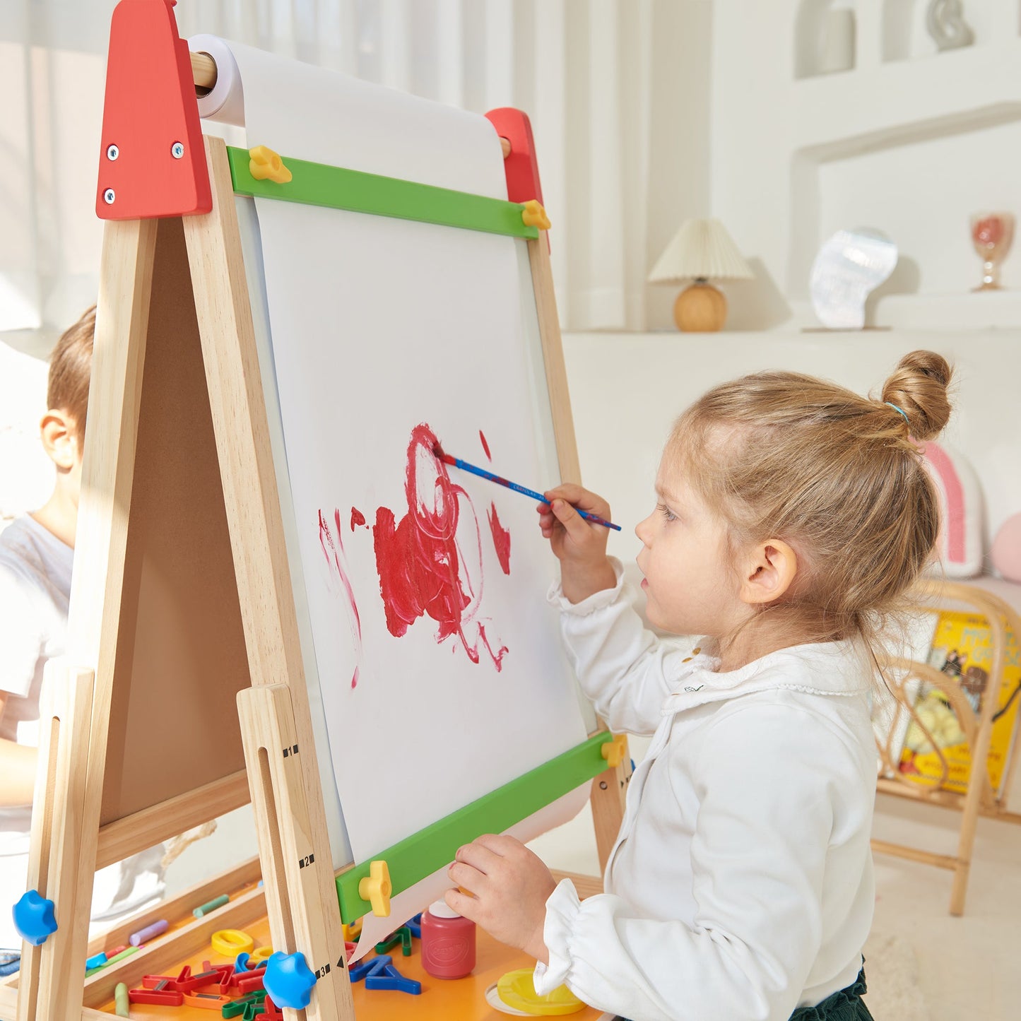 Tiny Land 3-in-1 Kids Easel with wood frame, red end caps, green crossbar and drawing surface on Tampa Home & Garden Store