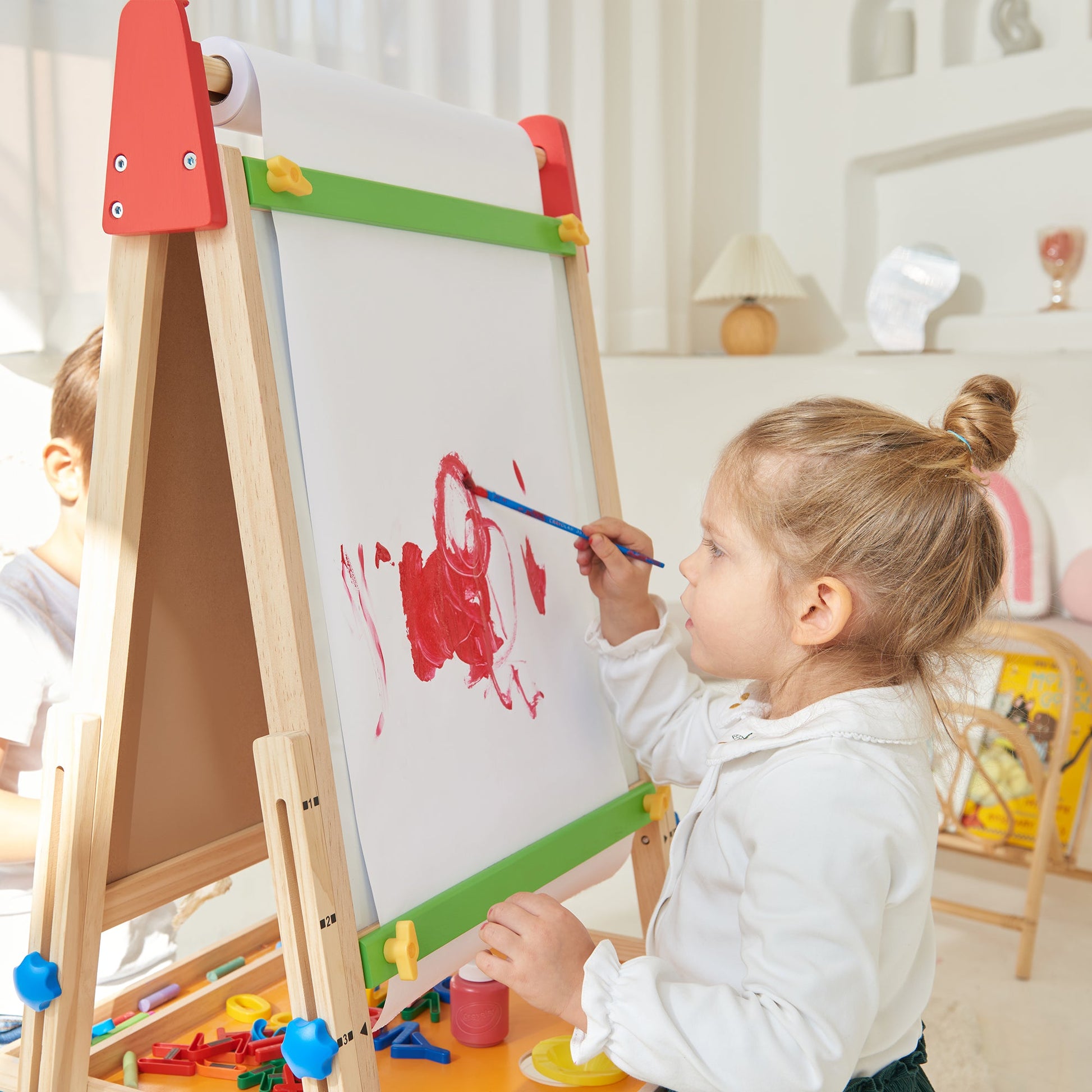 Tiny Land 3-in-1 Kids Easel with wood frame, red end caps, green crossbar and drawing surface on Tampa Home & Garden Store