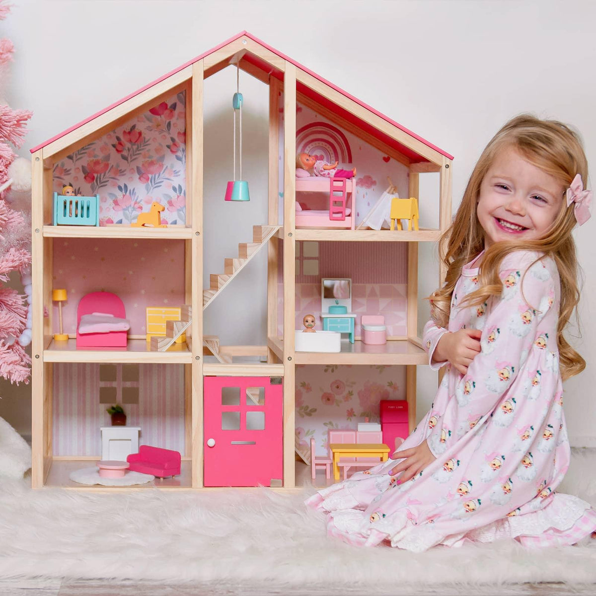 Tiny Land Sweetwood Dollhouse without Dolls, wooden dollhouse with pink roof and furniture on Tampa Home & Garden Store