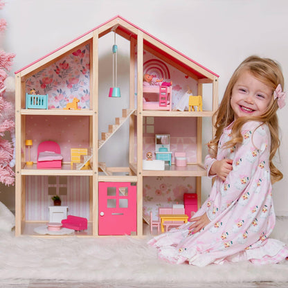 Tiny Land Sweetwood Dollhouse without Dolls, wooden dollhouse with pink roof and furniture on Tampa Home & Garden Store