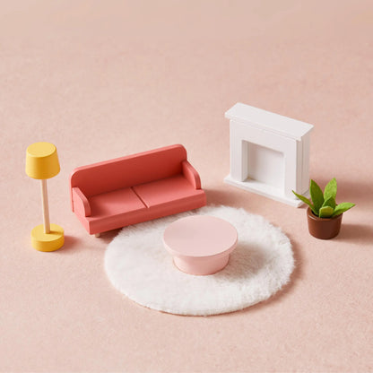 Tiny Land Sweetwood Dollhouse living room set with pink sofa, white fireplace and lamp on Tampa Home & Garden Store
