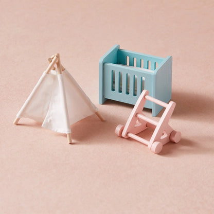 Dollhouse Tiny Land Sweetwood blue with pink furniture pieces without dolls on Tampa Home & Garden Store