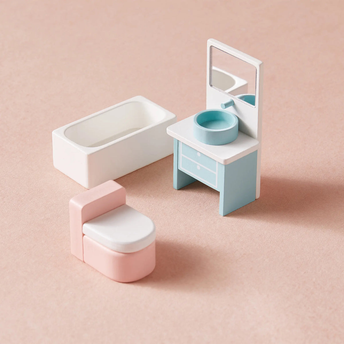 Tiny Land dollhouse vanity with white tub and light blue cabinet and mirror, dolls not included on Tampa Home & Garden Store