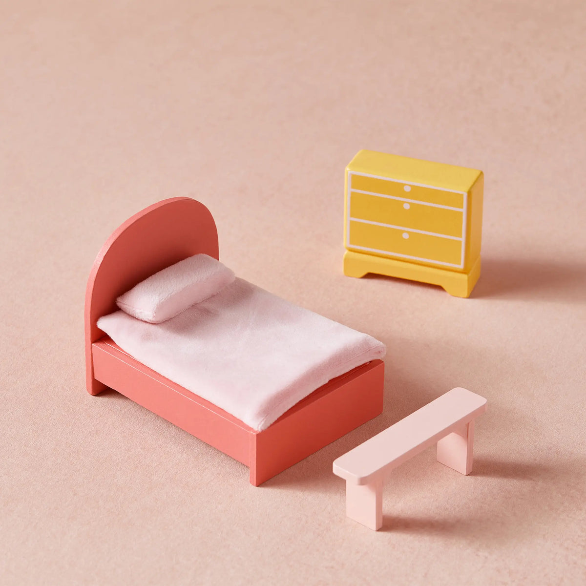 Tiny Land Sweetwood Dollhouse without Dolls: pink bed and yellow dresser on Tampa Home & Garden Store